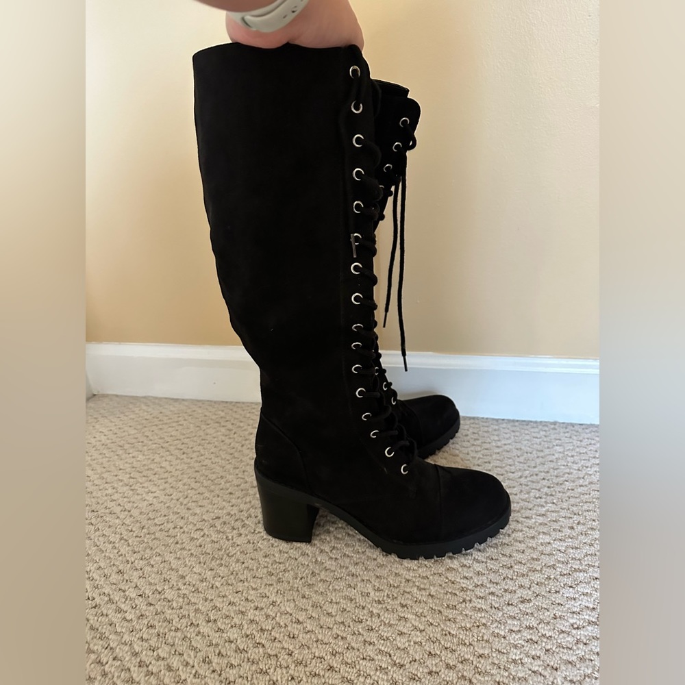 Black tall lace up heeled boots